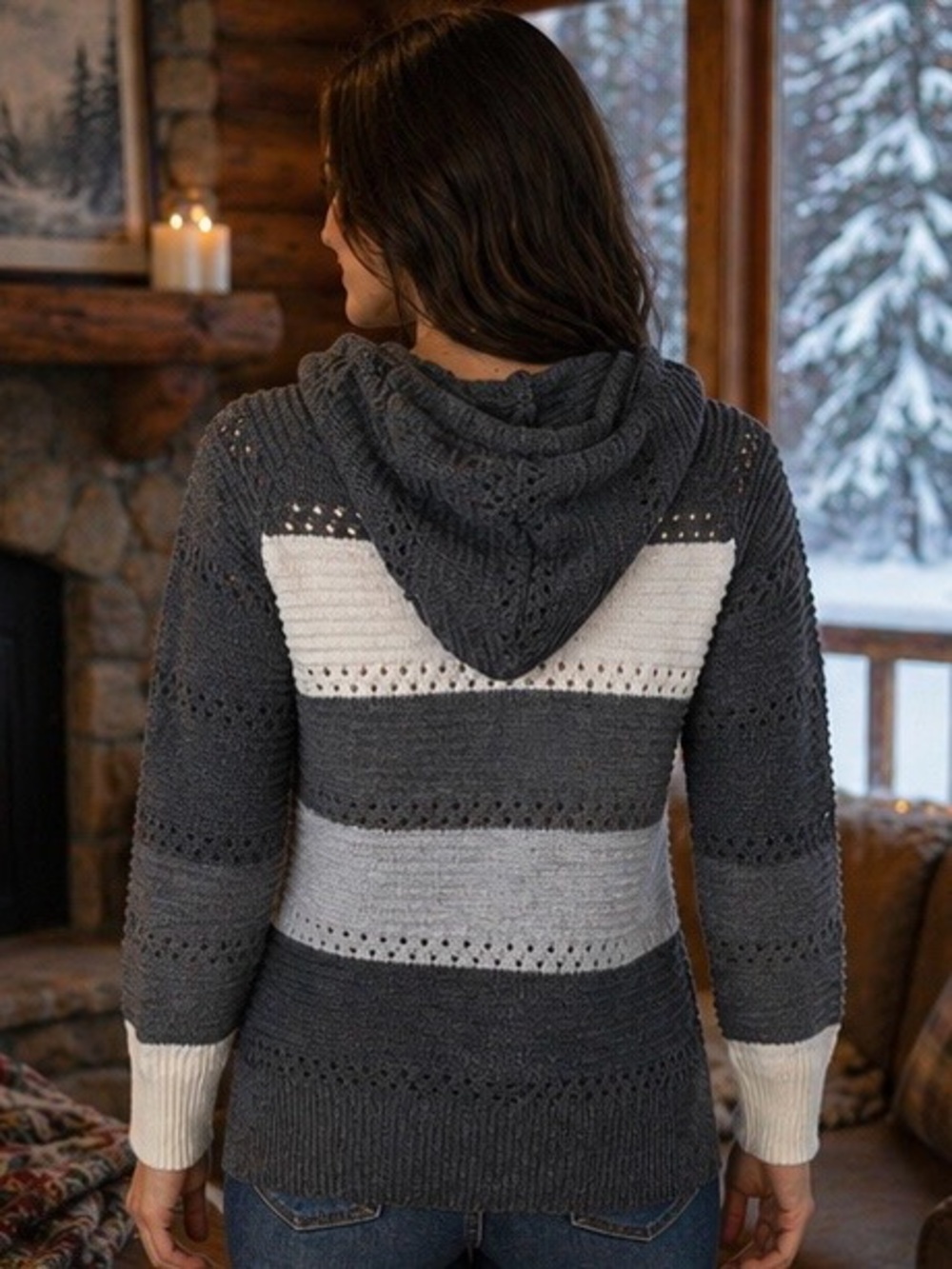 SHEIN Knit Hoodie Sweater Colorblock Gray White Size S Cozy Chic Pullover - Picture 4 of 5